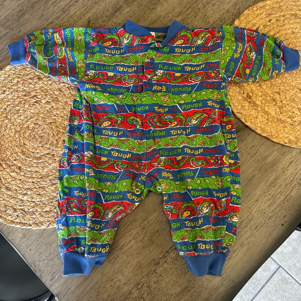Vintage Kids One-Piece Romper in Blue, Green & Red - Cozy Graphic Print